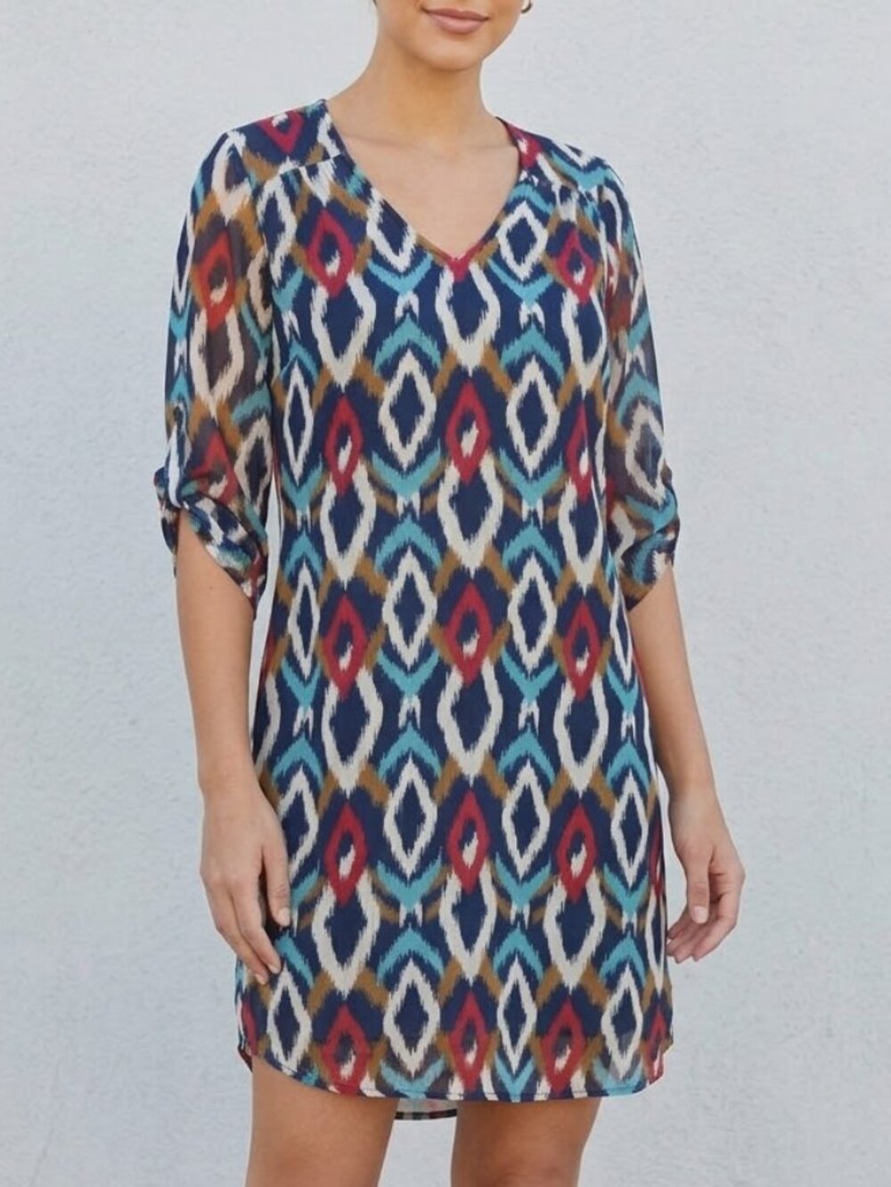 Wrangler Aztec Ikat Print Chiffon Tunic Dress Medium Boho Southwestern Chic